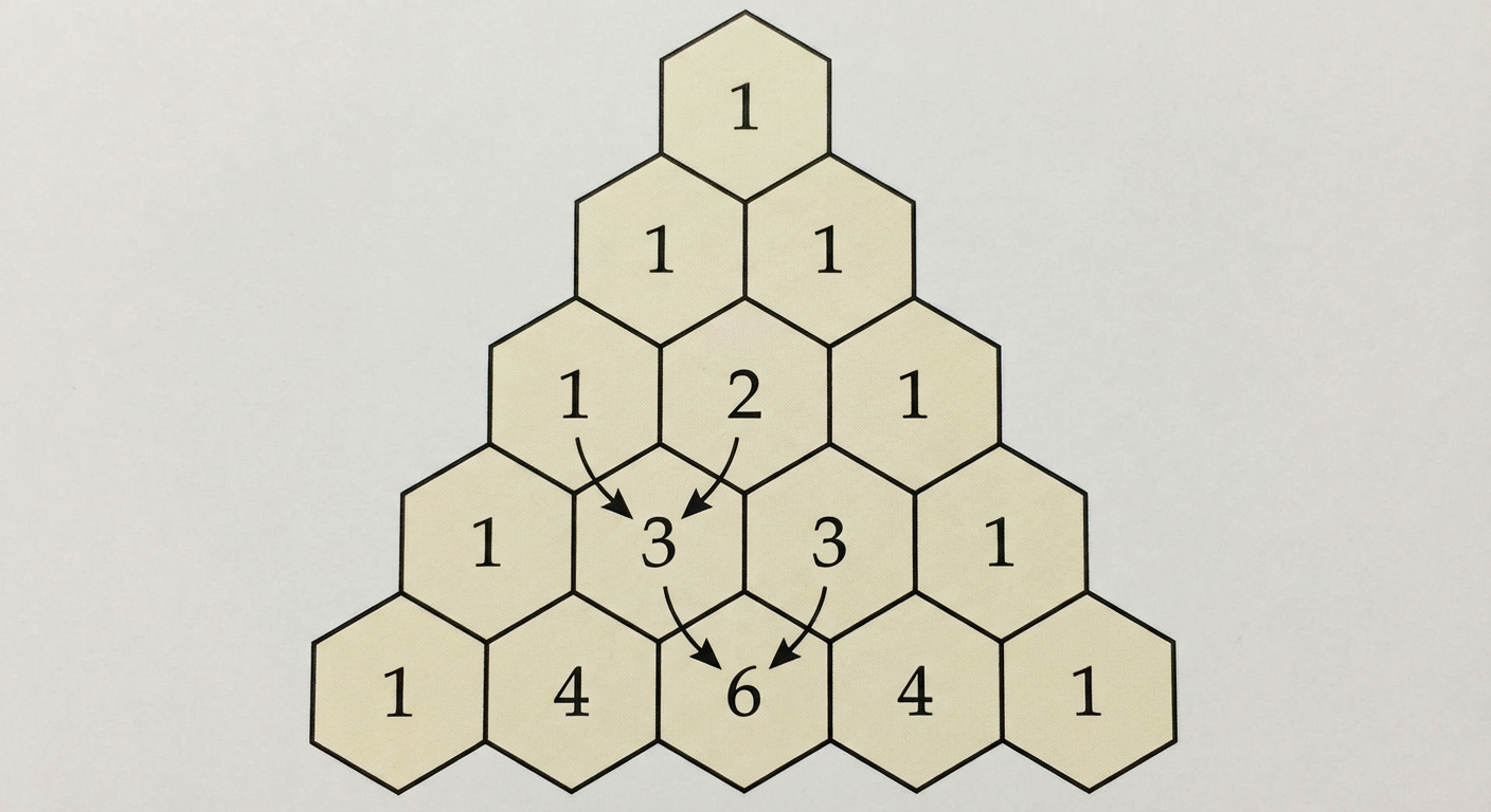 Illustration du triangle de Pascal sur 5 lignes (n=0 à n=4). Les cases sont des carrés ou hexagones. Des flèches montrent que 1+2=3 ou 3+3=6. Les nombres sont écrits en noir sur fond clair.
