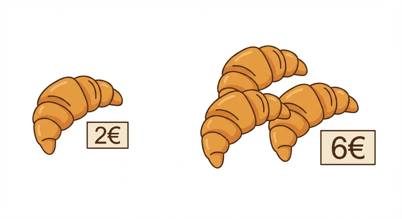 Illustration simple sur fond blanc. À gauche, un seul croissant doré avec une étiquette '2€'. À droite, un groupe de trois croissants dorés identiques avec une étiquette '6€'.