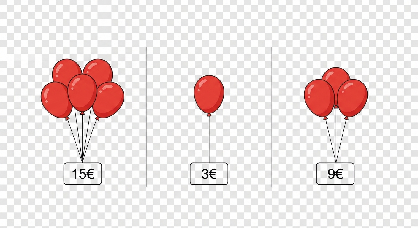 Dessin explicatif en trois étapes horizontales. Étape 1 : un groupe de 5 ballons rouges avec le prix '15€'. Étape 2 (au centre) : un seul ballon rouge avec le prix '3€'. Étape 3 : un groupe de 3 ballons rouges avec le prix '9€'.