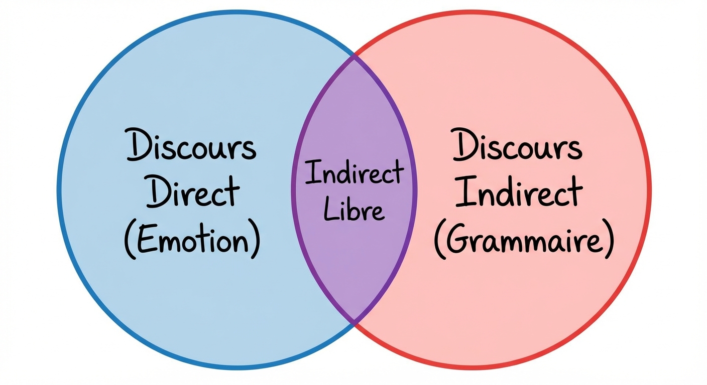 Schéma simple sur fond blanc. À gauche, un cercle bleu étiqueté 'Discours Direct (Emotion)'. À droite, un cercle rouge étiqueté 'Discours Indirect (Grammaire)'. Au centre, les deux cercles se chevauchent pour former une zone violette étiquetée 'Indirect Libre'.