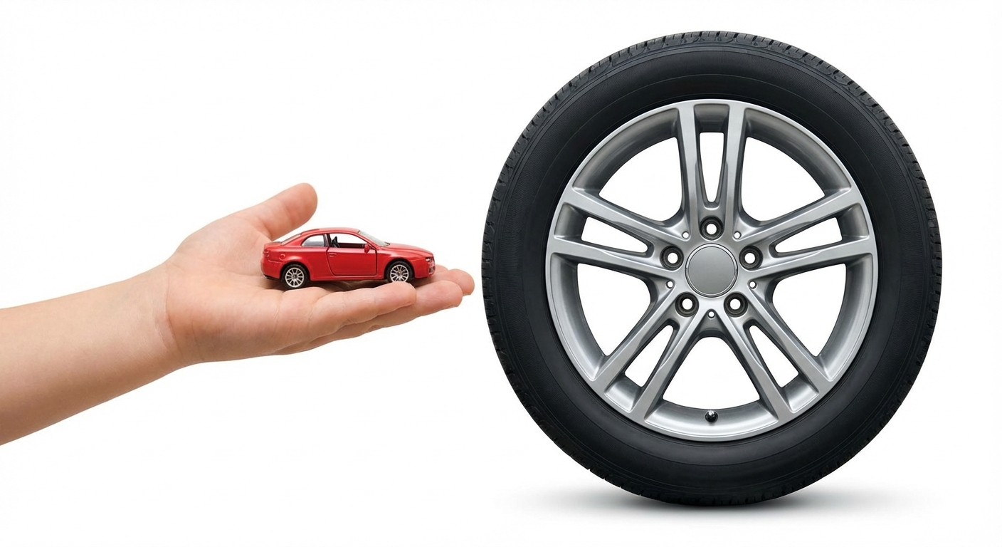 Photo réaliste simple sur fond blanc : une main d'enfant tient une petite voiture rouge miniature juste à côté d'une grosse roue de vraie voiture pour montrer la différence de taille.