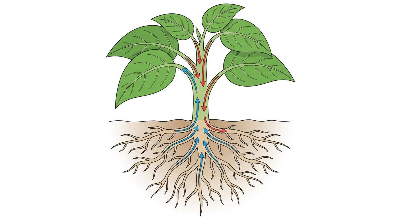 Schéma simple en coupe d'une plante angiosperme sur fond blanc. En bas, un vaste réseau de racines avec des poils absorbants dans le sol. En haut, une tige portant de larges feuilles vertes. Des flèches bleues (sève brute) montent des racines. Des flèches rouges (sève élaborée) descendent des feuilles.