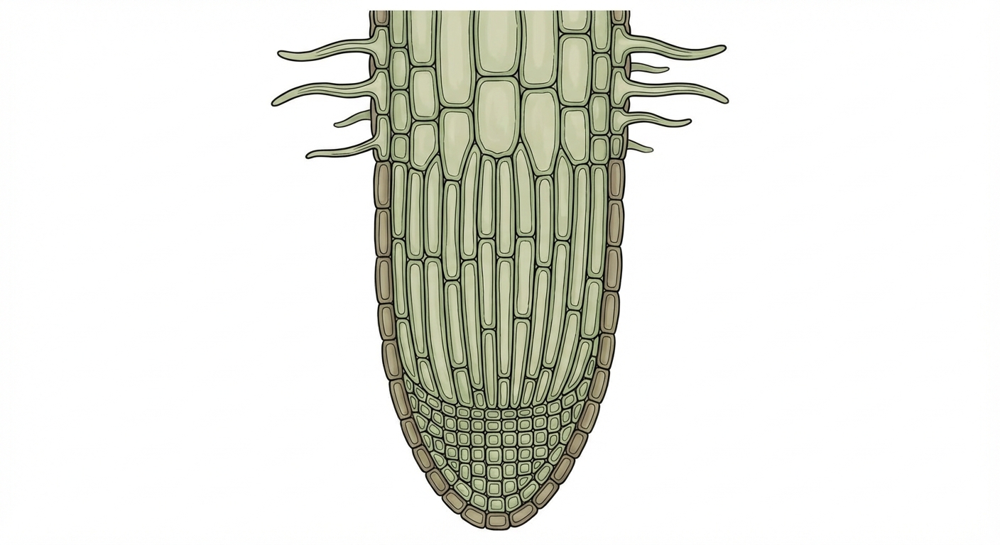Schéma zoomé d'une pointe de racine verticale. En bas, le méristème (zone de division, cellules petites et denses). Au milieu, la zone d'élongation (cellules rectangulaires très étirées). En haut, la zone de différenciation (apparition de poils absorbants).