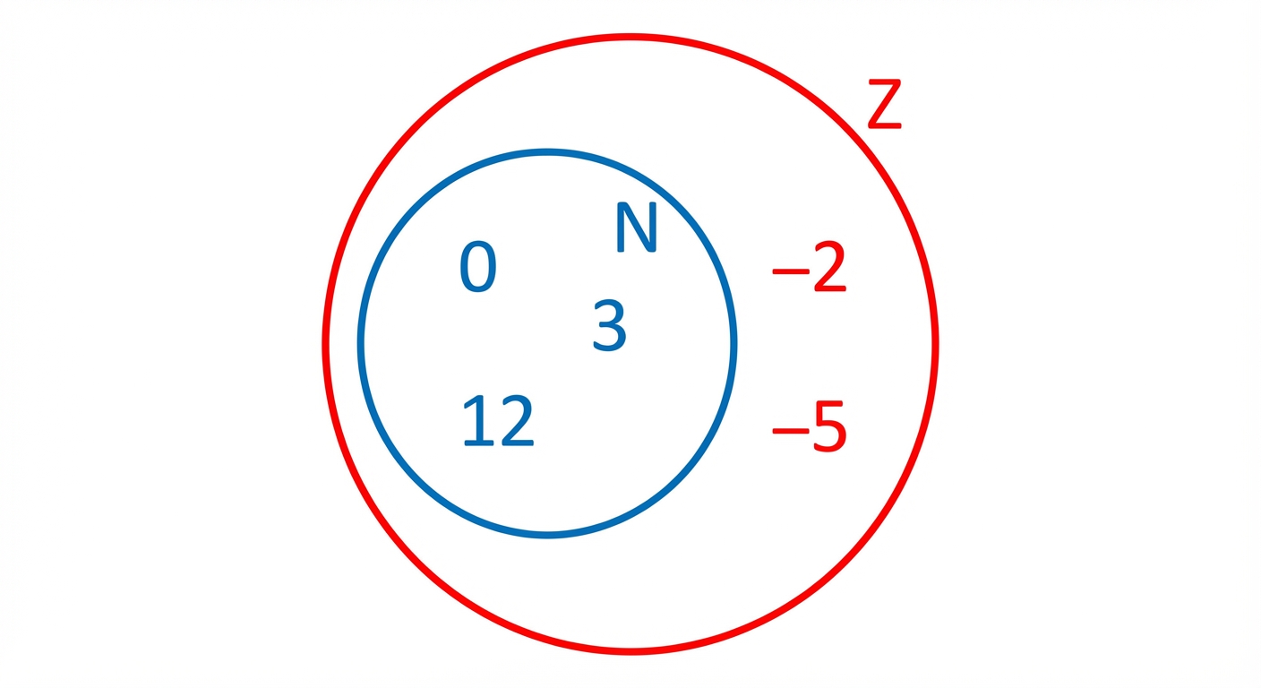 Schéma diagramme de Venn simple. Un cercle bleu étiqueté N contient 0, 3, 12. Ce cercle est inclus dans un cercle plus grand rouge étiqueté Z, qui contient dans la zone rouge (hors du bleu) les nombres -2, -5. Fond blanc.