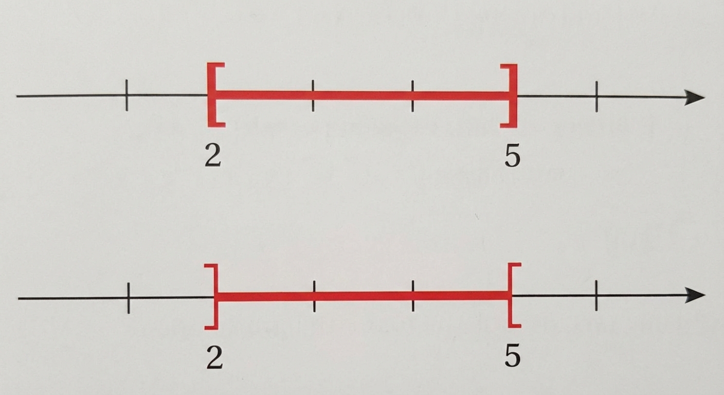Deux droites graduées l'une sous l'autre. La première montre un segment rouge de 2 à 5 avec des crochets fermés [ ]. La deuxième montre le même segment mais avec des crochets ouverts ] [ aux extrémités.