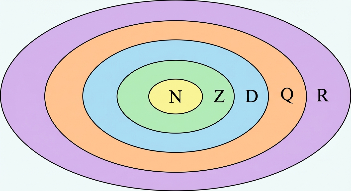 Diagramme d'Euler avec 5 ovales emboîtés. Au centre N, entouré par Z, puis D, puis Q, et enfin R englobant le tout. Couleurs distinctes et douces.