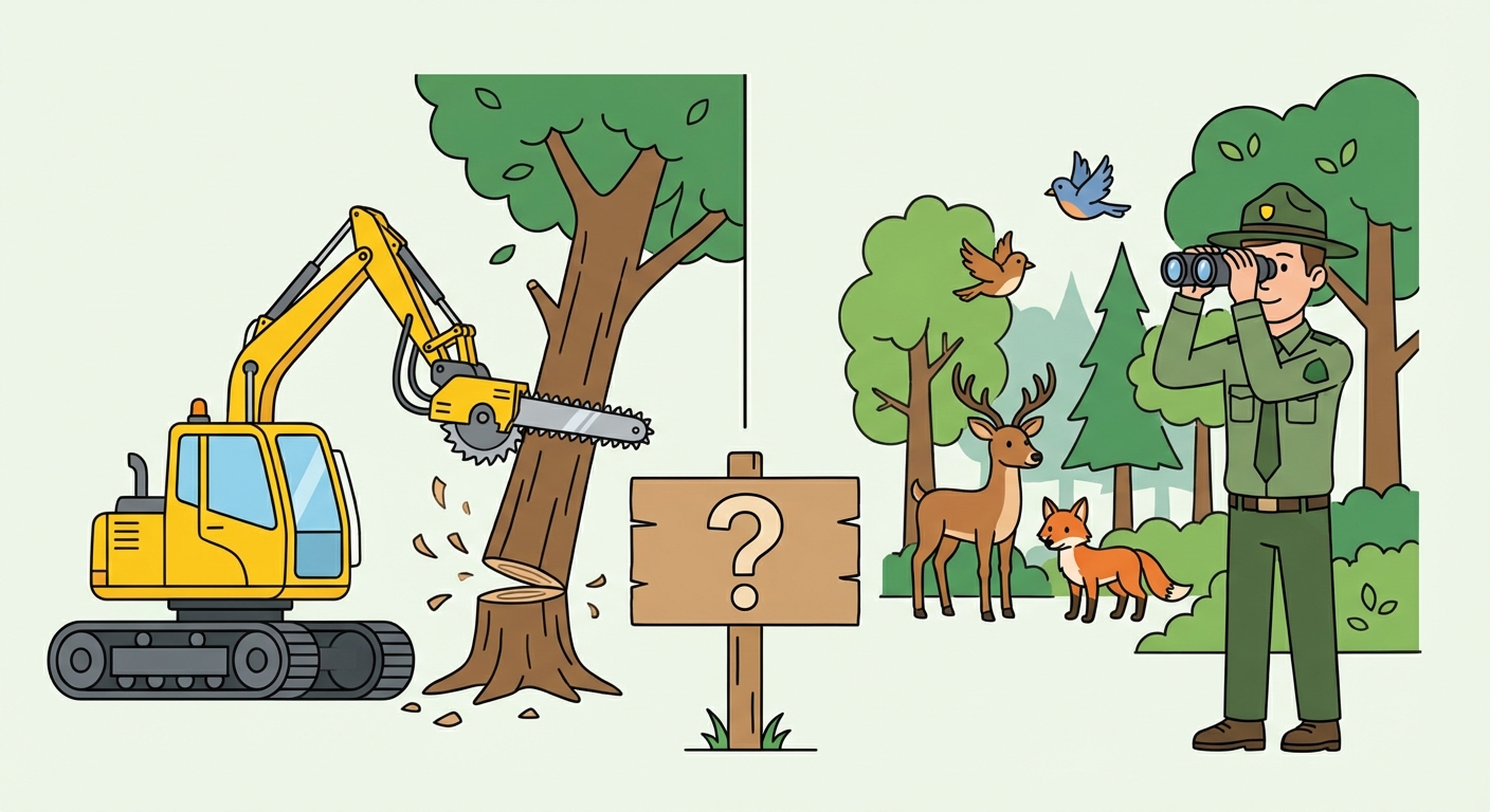 Illustration schématique divisée en deux parties. À gauche, une pelleteuse jaune coupe un arbre. À droite, un garde forestier en uniforme vert observe des animaux avec des jumelles. Au centre, un panneau en bois avec un point d'interrogation.