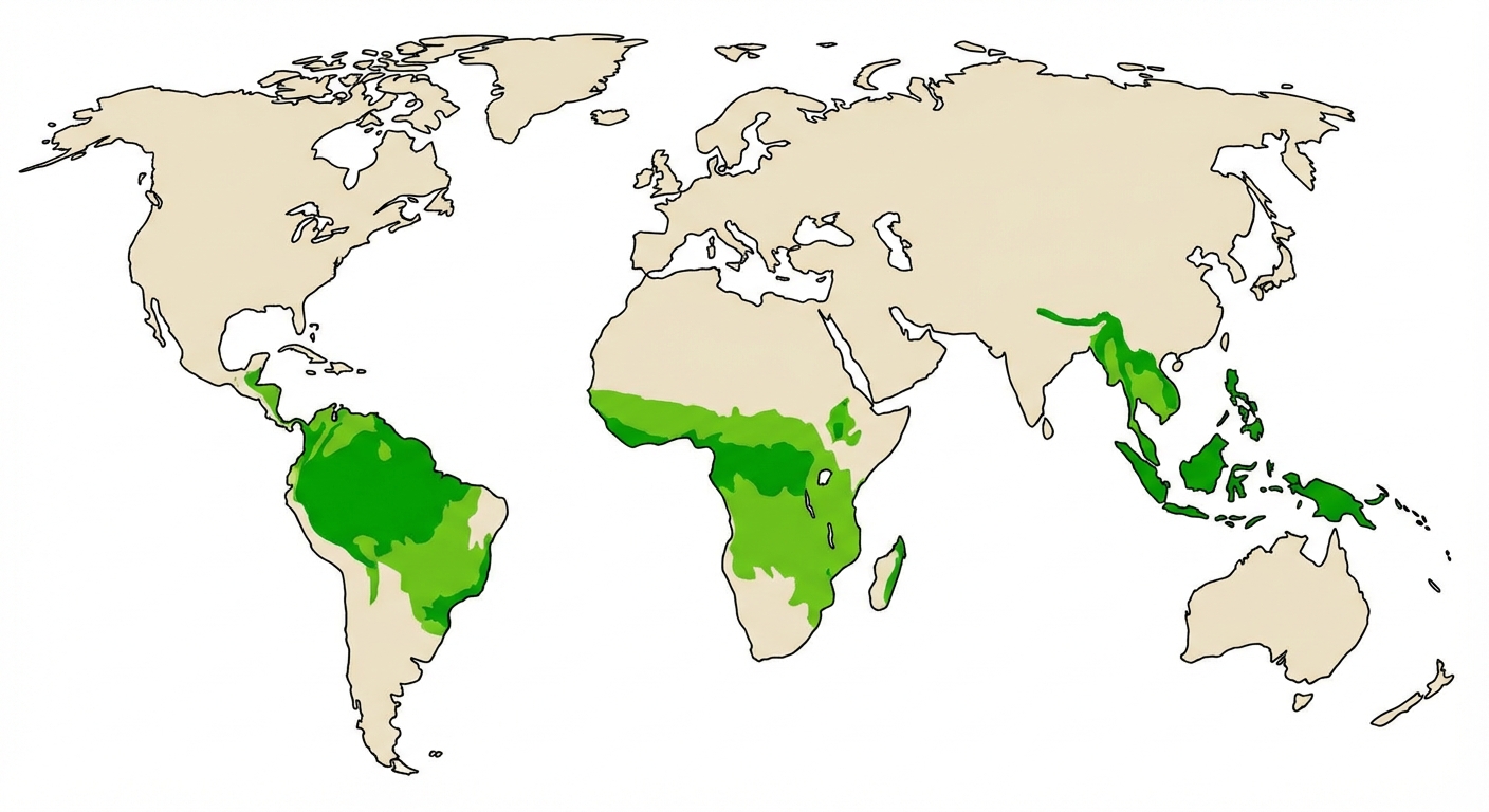 Planisphère du monde simplifié sur fond blanc. Trois zones principales sont coloriées en vert pour représenter les réserves de biodiversité : l'Amazonie en Amérique du Sud, le centre de l'Afrique (forêts et savanes), et les îles d'Asie du Sud-Est.