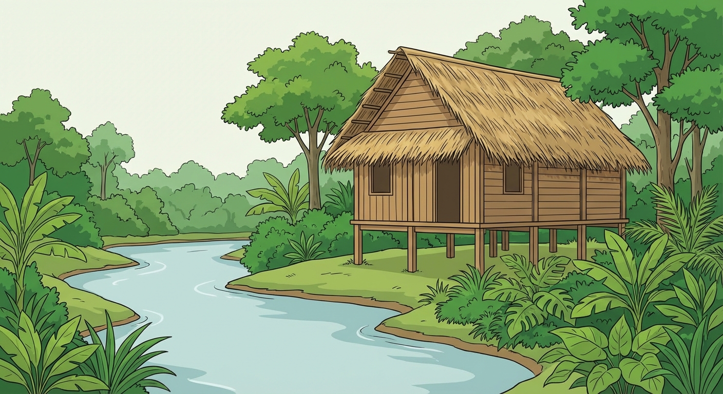 Dessin réaliste d'une maison traditionnelle en bois sur pilotis au bord d'une rivière calme. Le toit est fait de feuilles de palmier séchées. Autour de la maison, une forêt verte dense et luxuriante.