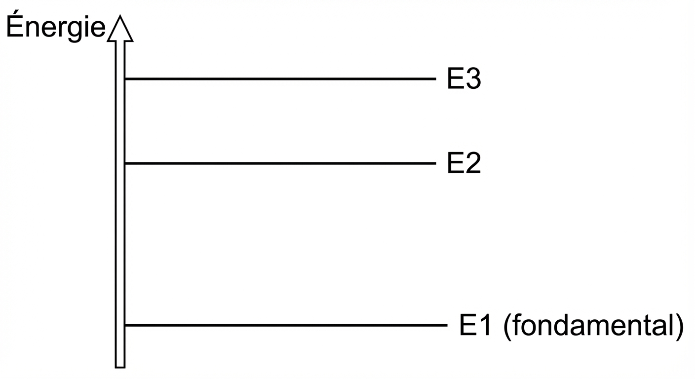 Schéma 2D sur fond blanc. Un axe vertical fléché vers le haut marqué 'Énergie'. Trois traits horizontaux noirs parallèles représentent les niveaux. Le trait du bas est noté 'E1 (fondamental)', le milieu 'E2', le haut 'E3'. L'espacement entre E1 et E2 est plus grand qu'entre E2 et E3.