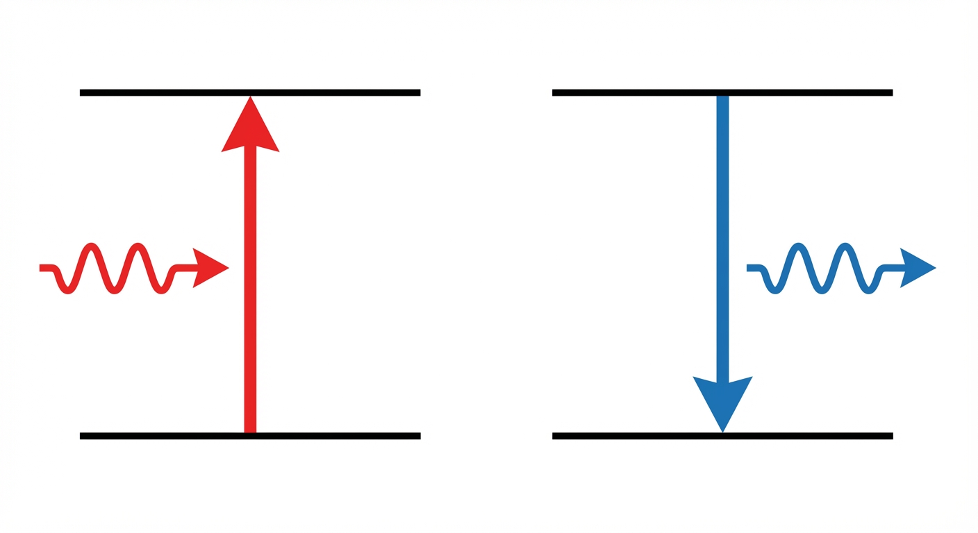 Schéma 2D sur fond blanc. Deux diagrammes côte à côte. À gauche 'Absorption' : une flèche rouge verticale monte du niveau bas vers le haut, accompagnée d'une petite flèche ondulée entrante représentant le photon. À droite 'Émission' : une flèche bleue verticale descend du niveau haut vers le bas, accompagnée d'une petite flèche ondulée sortante.