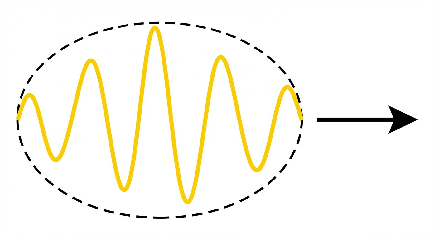Schéma simple sur fond blanc. Une ligne ondulée (sinusoïdale) jaune qui représente un paquet d'ondes, contenue dans une forme ovale pointillée pour symboliser la particule photon. Une flèche noire indique le mouvement vers la droite.