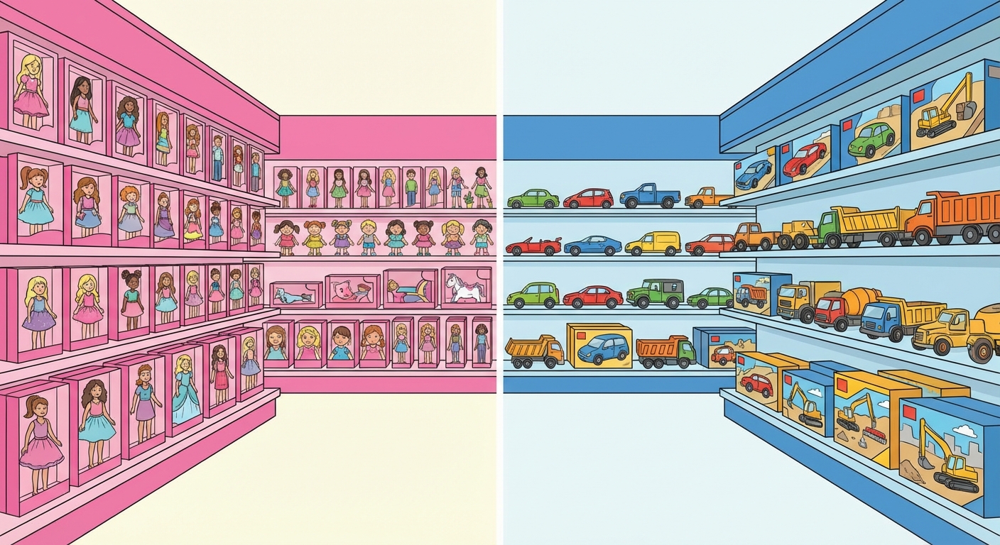 Illustration divisée en deux parties. À gauche, un rayon de magasin de jouets dominé par le rose avec des poupées. À droite, un rayon dominé par le bleu avec des voitures et des jeux de construction. Aucun texte.