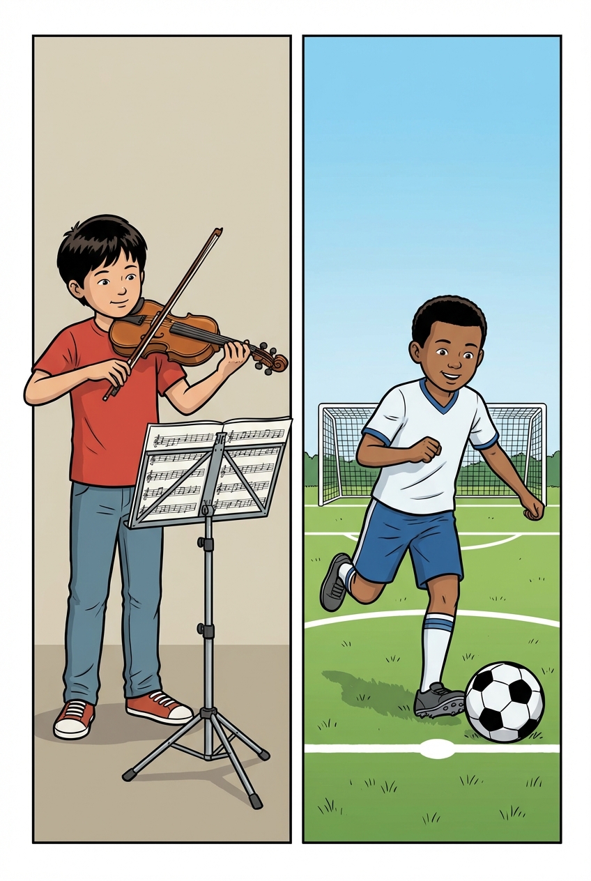 Dessin simple style bande dessinée. À gauche, un enfant joue du violon avec une partition. À droite, un enfant joue au football sur un terrain. Fond neutre.