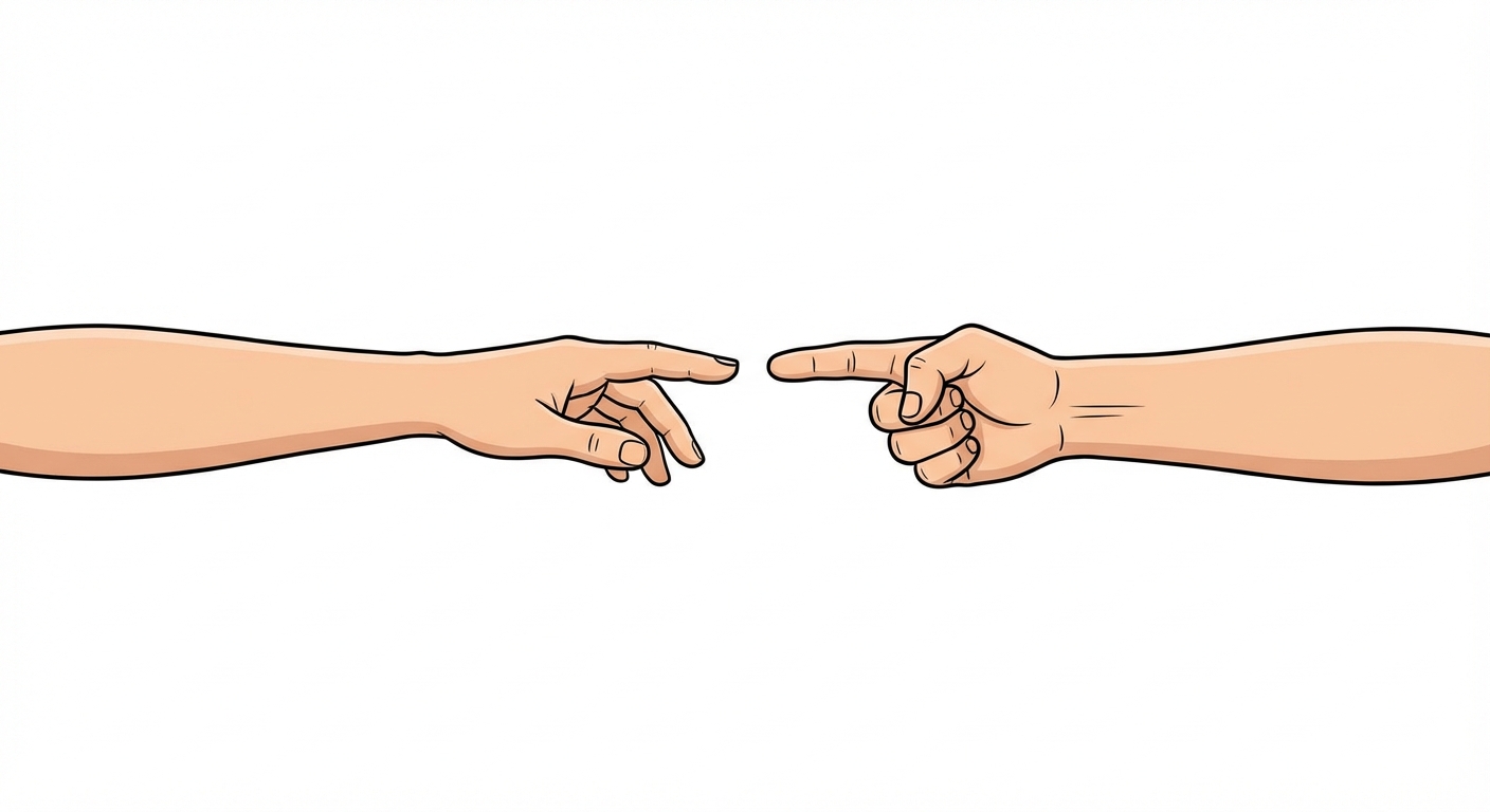 Dessin simple vue de profil : deux bras tendus horizontalement l'un vers l'autre se rejoignent au centre de l'image. Le bras de gauche est posé de façon détendue, le bras de droite est tendu avec énergie. Les deux index sont séparés par un espace vide de quelques millimètres. Fond blanc, aucun autre élément.