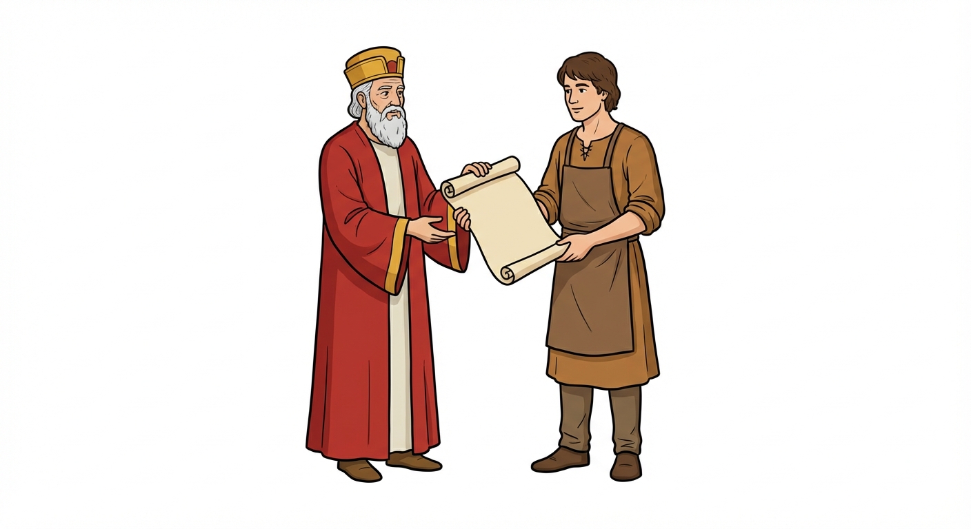 Dessin en couleur vue de face : un homme âgé vêtu de rouge avec un chapeau doré remet un grand rouleau de parchemin à un homme plus jeune en tenue marron d'artisan. Les deux personnages se tiennent debout. Fond blanc sans aucun autre décor.