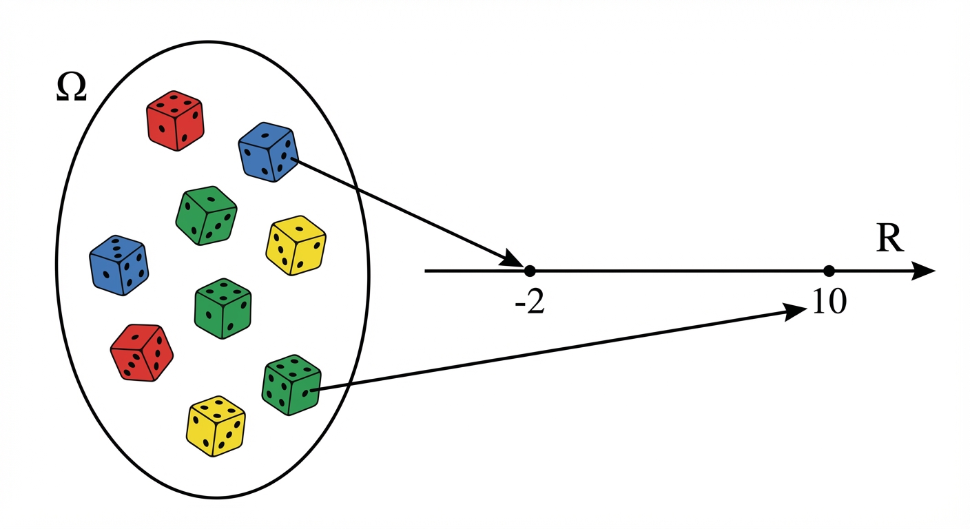 Schéma simple sur fond blanc. À gauche un ensemble ovale nommé Oméga contenant des dés colorés. À droite une ligne droite numérique horizontale nommée R. Des flèches partent des dés vers deux points précis sur la ligne : le point -2 et le point 10.