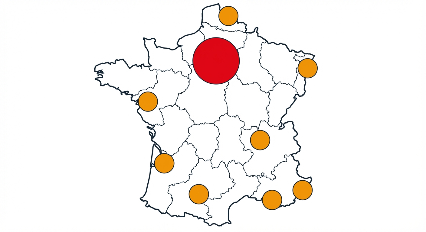Carte de France schématique simplifiée. Un très gros rond rouge sur Paris. Des ronds oranges de taille moyenne sur Lyon, Marseille, Lille, Bordeaux, Toulouse, Nantes, Strasbourg et Nice. Fond blanc.