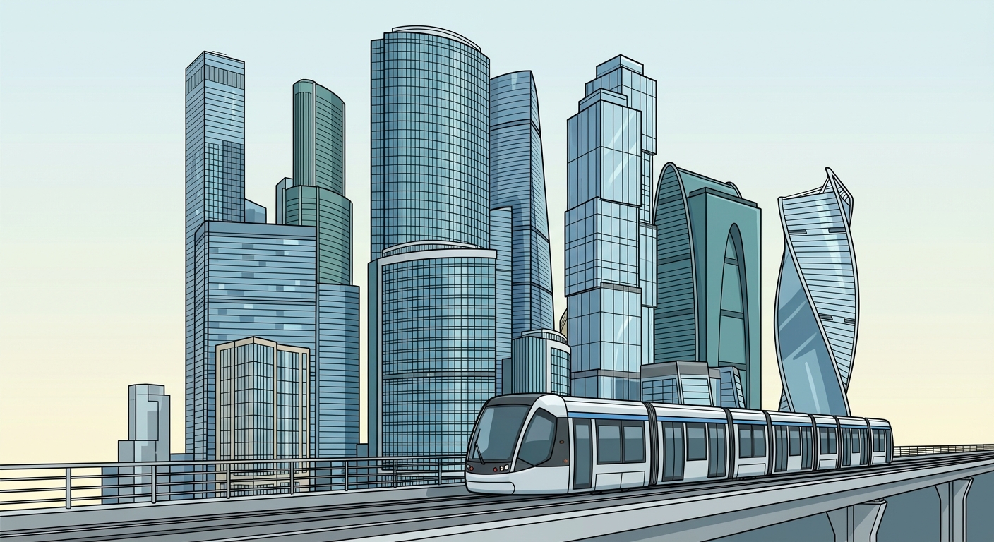 Illustration réaliste d'un quartier d'affaires type La Défense ou Part-Dieu. Des tours modernes en verre se détachent sur le ciel. Au premier plan, un tramway ou un métro aérien illustre la connexion au réseau de transport.