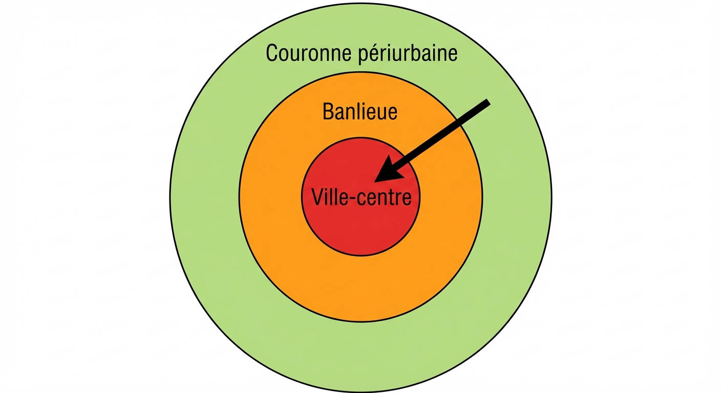 Schéma simple sur fond blanc. Au centre, un disque rouge nommé 'Ville-centre'. Autour, un anneau orange nommé 'Banlieue'. Autour encore, un large anneau vert clair nommé 'Couronne périurbaine'. Une flèche noire indique des déplacements de la zone verte vers la zone rouge.