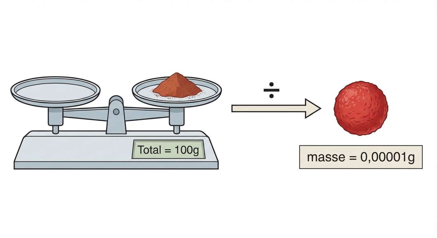 Schéma simple sur fond blanc. À gauche, une balance affiche 'Total = 100g' avec un tas de poudre rouge. À droite, une seule particule rouge avec une étiquette 'masse = 0,00001g'. Une flèche relie les deux avec le symbole de division.