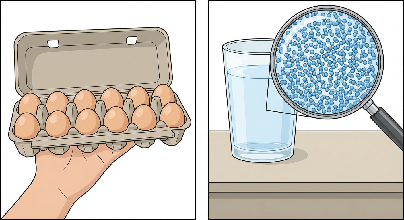 Illustration divisée en deux. À gauche, une main tient une douzaine d'œufs dans une boîte. À droite, un verre d'eau posé sur une table avec une loupe zoomant sur l'eau montrant une multitude incalculable de petites billes bleues (les molécules).