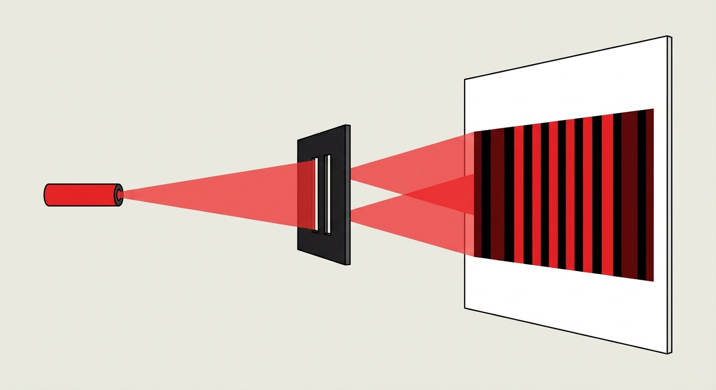 Dessin schéma expérience Young : À gauche un laser, au milieu une plaque noire avec deux petits trous verticaux espacés de 'a'. À droite, un écran blanc à distance D montrant une alternance régulière de bandes verticales rouges et noires.