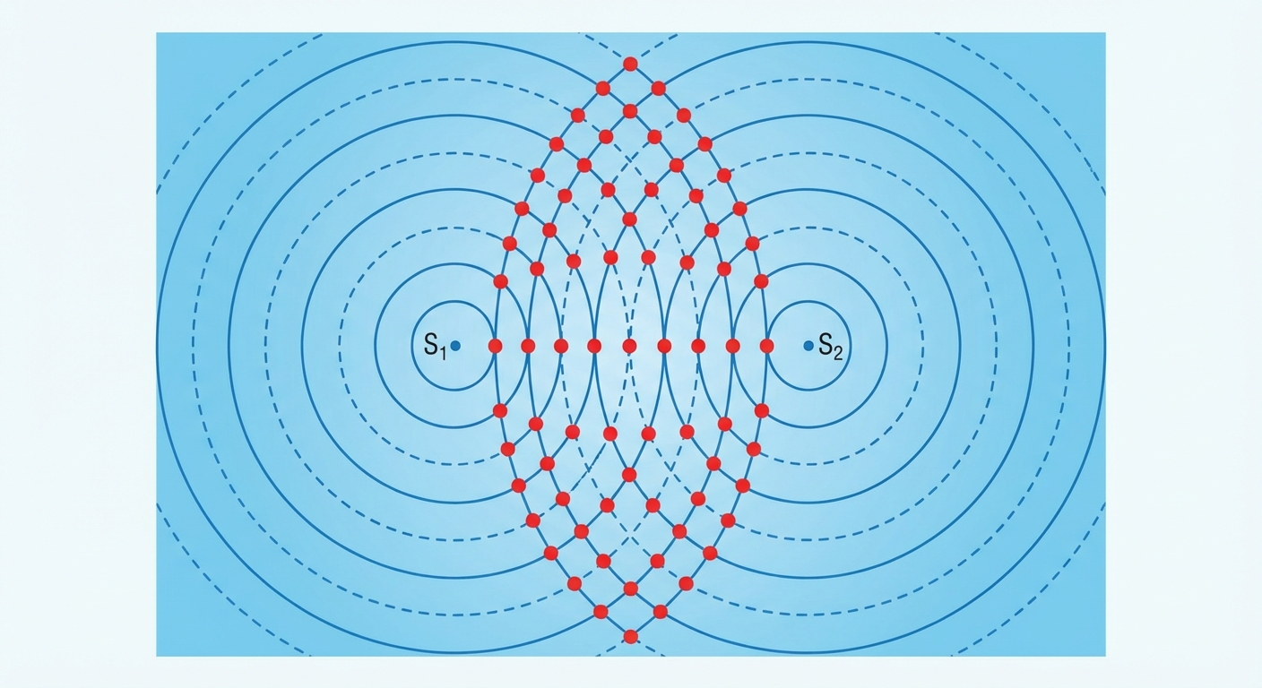 Schéma simple vue de dessus : une surface d'eau bleue calme avec deux points sources distincts S1 et S2. Des cercles concentriques (ondes) partent de chaque source et se croisent. Aux endroits où les lignes se croisent, mettre des points rouges pour indiquer le croisement.