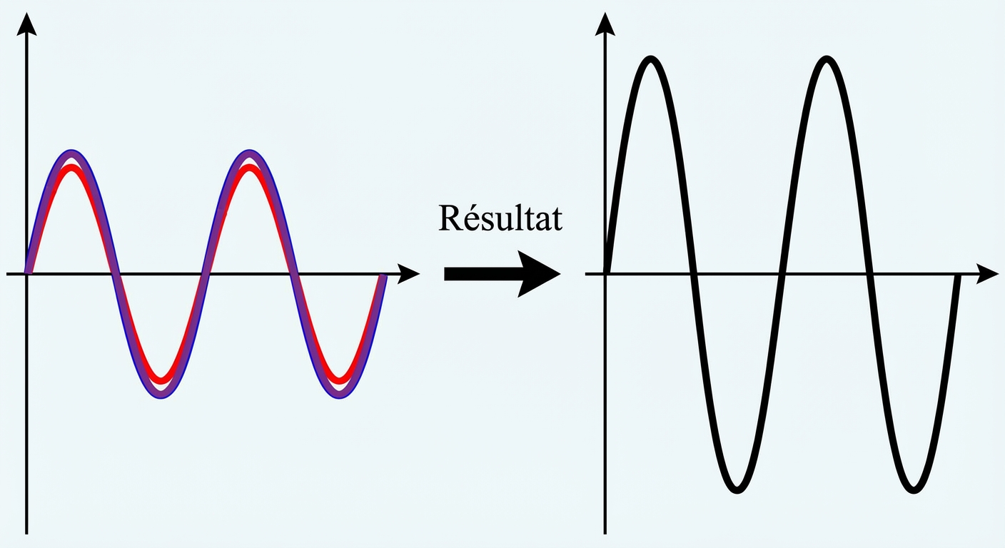 Graphique 2D simple : Deux courbes sinusoïdales (vagues) identiques, une rouge et une bleue, superposées exactement l'une sur l'autre. À droite, une flèche indique 'Résultat' pointant vers une grande vague noire dont l'amplitude est la somme des deux.