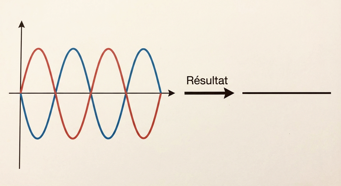 Graphique 2D simple : Une sinusoïde rouge et une bleue. La bleue est décalée : ses sommets sont alignés avec les creux de la rouge. À droite, une flèche 'Résultat' pointe vers une ligne horizontale plate noire.