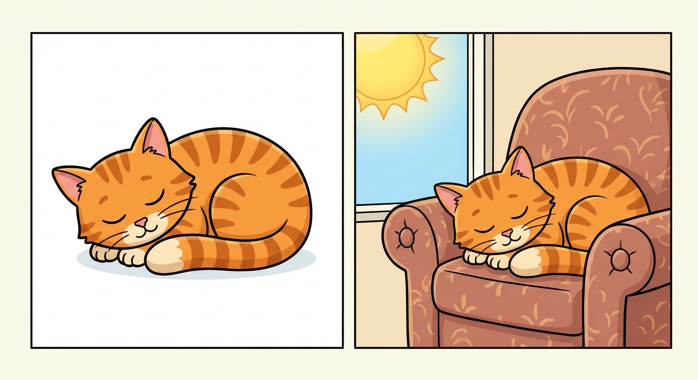 Dessin simple style bande dessinée pour enfants. À gauche, un chat qui dort seul sur fond blanc. À droite, le même chat qui dort sur un canapé confortable, avec une fenêtre montrant le soleil du matin en arrière-plan.