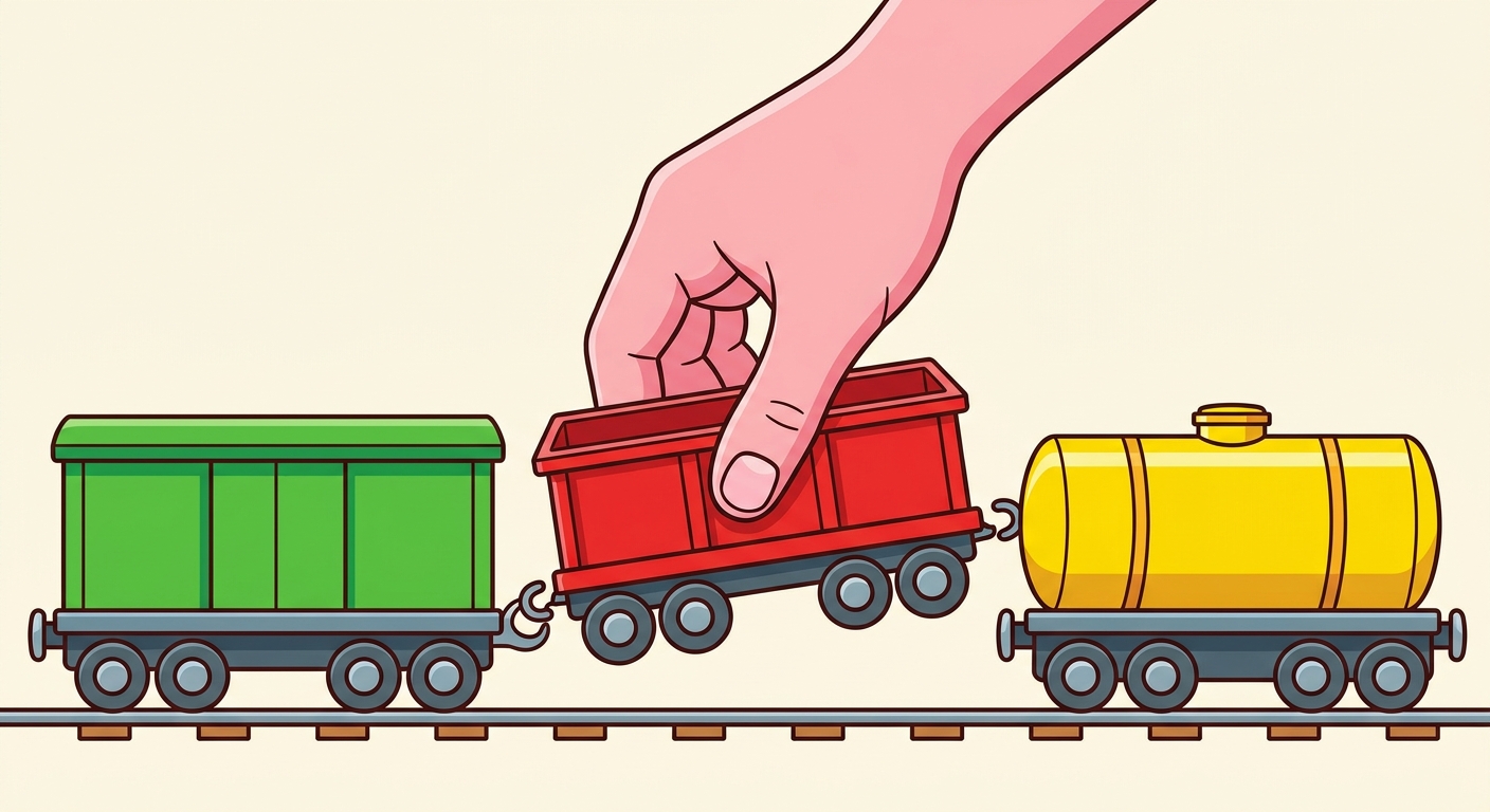 Dessin de trois wagons de train jouet colorés attachés les uns aux autres. Le wagon du milieu est soulevé par une main géante qui le déplace vers l'avant du train. Le train reste entier.