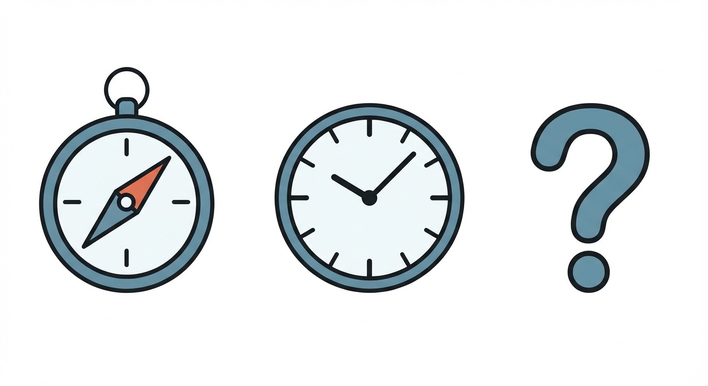 Trois icônes simples alignées horizontalement sur fond blanc. 1. Une boussole ou une carte (pour le Lieu). 2. Une horloge ou un calendrier (pour le Temps). 3. Un point d'interrogation ou une ampoule (pour la Cause).