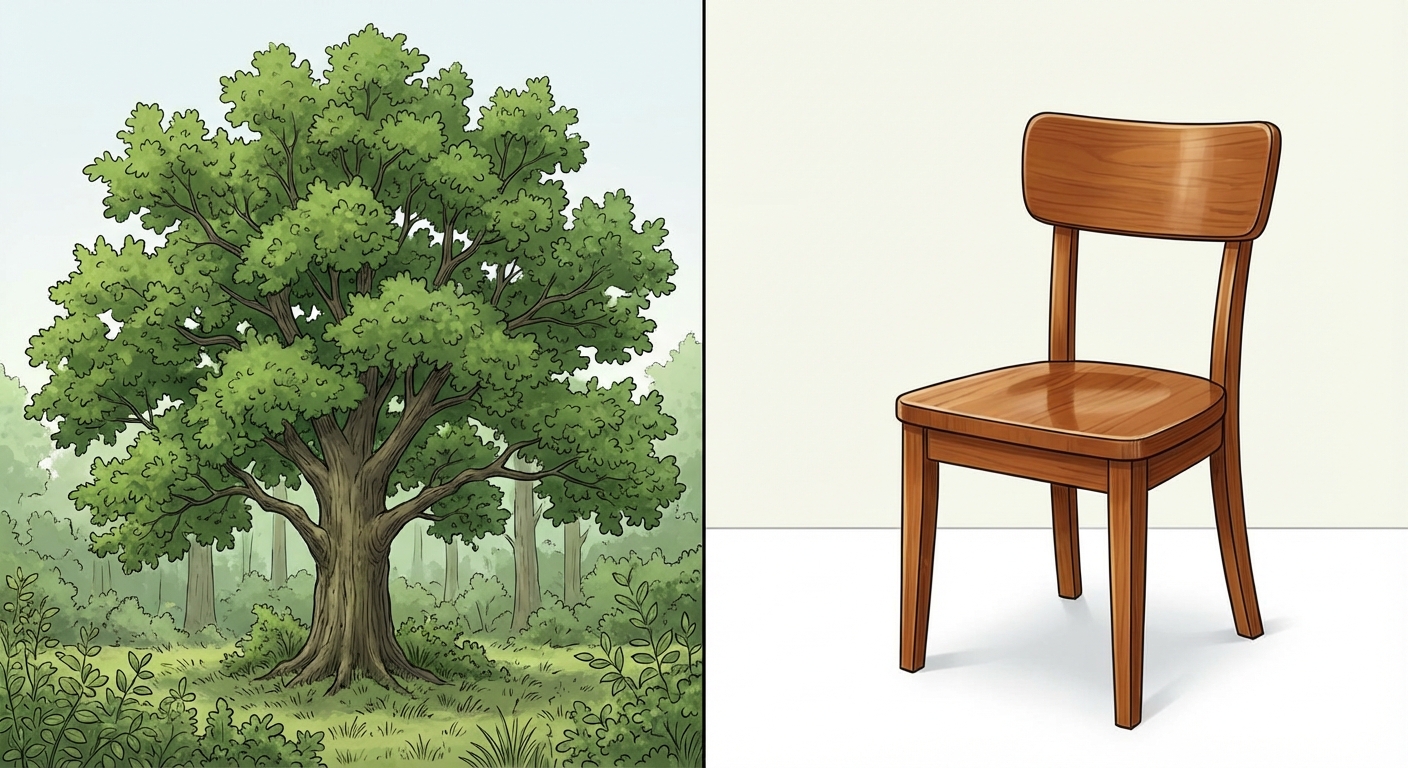 Image divisée en deux parties verticales égales. À gauche, un arbre chêne sauvage et verdoyant dans une forêt. À droite, une chaise en bois verni posée sur un sol blanc. Le style est réaliste et simple.