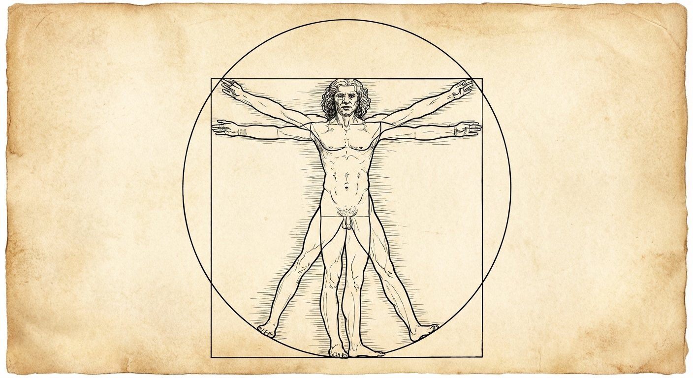 Croquis style parchemin ancien représentant l'Homme de Vitruve de Léonard de Vinci. Un homme nu debout avec les bras et jambes écartés, inscrit à la fois dans un cercle et un carré. Lignes fines à l'encre noire.
