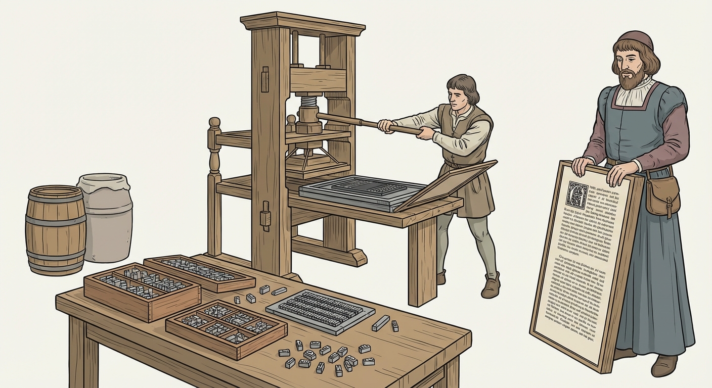 Dessin réaliste d'un atelier d'imprimerie du 15ème siècle. Au centre, une grande presse en bois avec un levier actionné par un homme. Au premier plan, des caractères mobiles en métal posés sur une table.