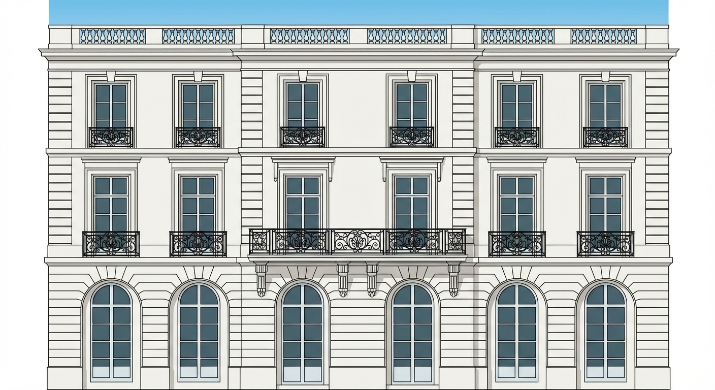 Façade d'un immeuble en pierre blanche du XVIIIe siècle (style classique), vue de face. Trois étages, grandes fenêtres avec des balcons en fer forgé noir. Le ciel est bleu.