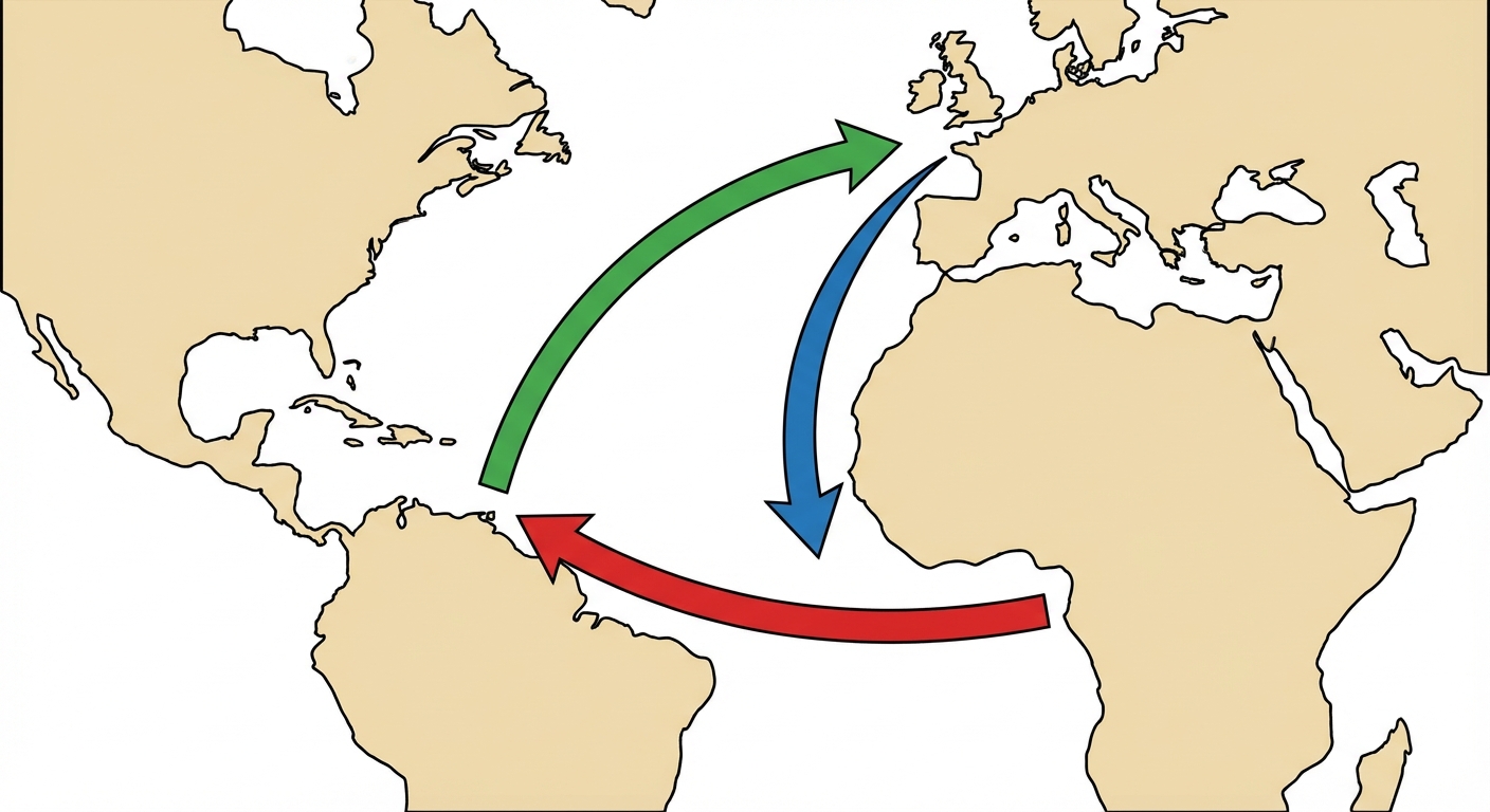 Carte schématique simple de l'océan Atlantique sur fond blanc. Une flèche bleue part de l'Europe vers l'Afrique. Une flèche rouge part de l'Afrique vers l'Amérique (Caraïbes/Brésil). Une flèche verte part de l'Amérique vers l'Europe. Les continents sont dessinés simplement.