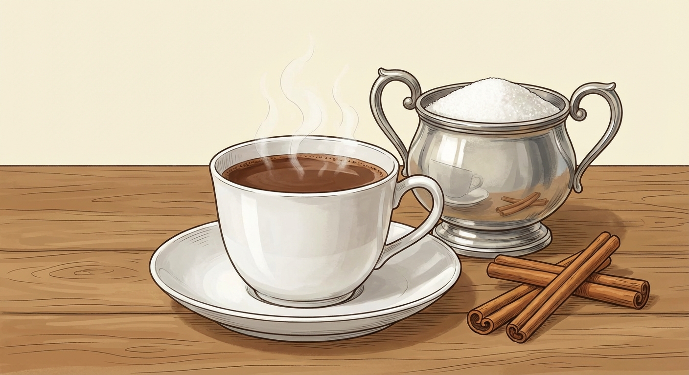 Nature morte peinture style XVIIIe siècle : une tasse de chocolat chaud fumante en porcelaine blanche posée sur une table en bois, à côté d'un sucrier en argent rempli de sucre blanc et de quelques bâtons de cannelle.