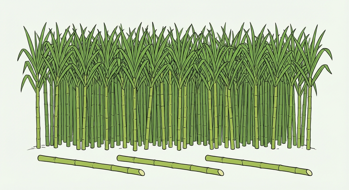 Dessin pédagogique : un champ dense de hautes tiges de canne à sucre vertes (2 mètres de haut). Au premier plan, trois tiges coupées sont posées au sol.