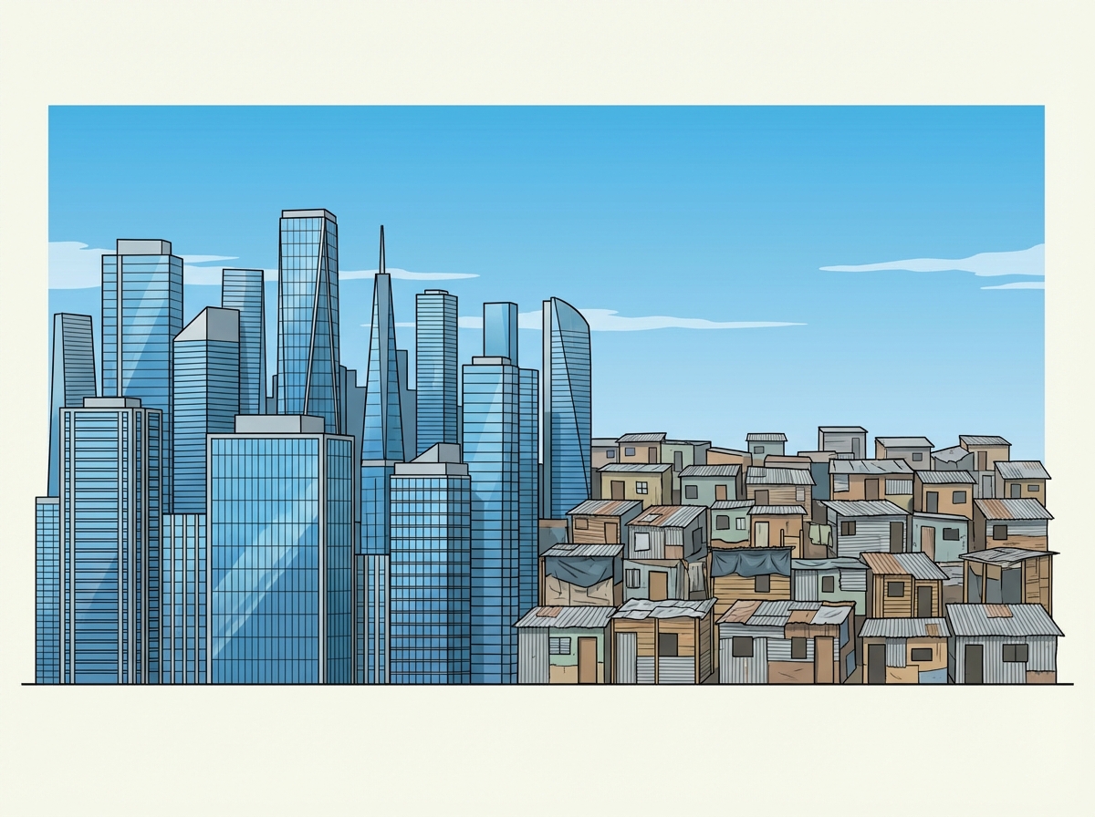 Dessin réaliste d'un paysage urbain divisé en deux. À gauche, des immeubles modernes en verre. À droite, collé aux immeubles, un quartier de maisons basses en tôle (bidonville). Le ciel est bleu.