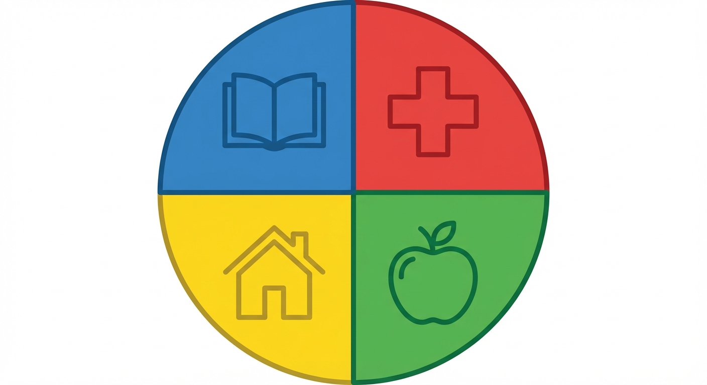 Illustration simple style icônes vectorielles : un cercle central divisé en 4 parts colorées. Part 1 bleue avec un livre (éducation), Part 2 rouge avec une croix médicale (santé), Part 3 jaune avec une maison (logement), Part 4 verte avec une pomme (nourriture). Fond blanc.