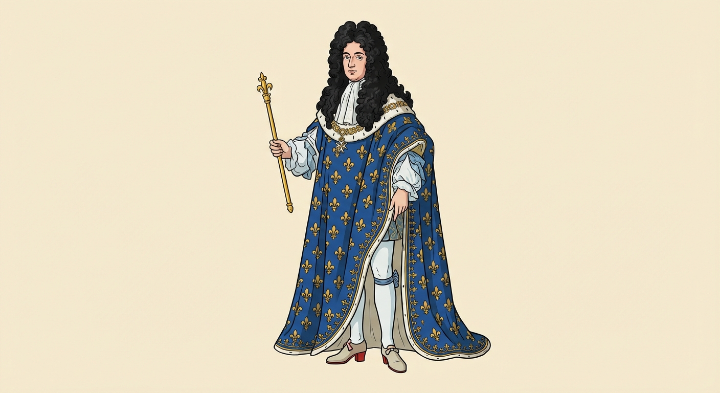 Portrait en pied d'un roi du 17ème siècle, vue de face. Il porte une grande perruque bouclée noire, un manteau bleu avec des fleurs de lys dorées, des collants blancs et des chaussures à talons rouges. Il tient un sceptre (bâton royal) dans la main droite.