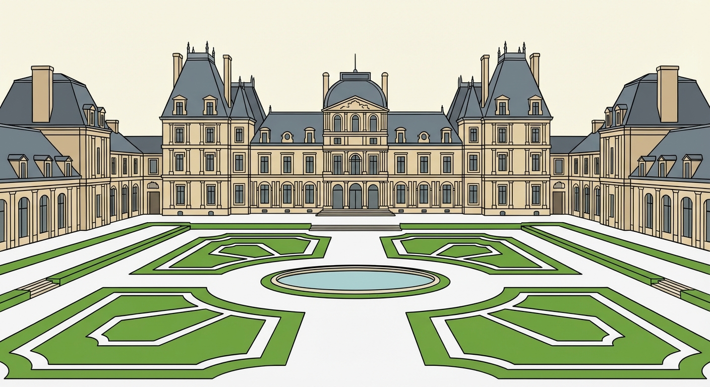 Vue large de la façade d'un immense château classique beige et toits gris. Devant, un grand jardin à la française parfaitement symétrique avec des allées de gravier blanc, des pelouses vertes géométriques et une grande fontaine ronde au centre.