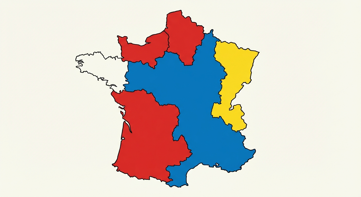 Carte simplifiée de la France au Moyen Âge. Le Sud-Ouest (Aquitaine) et le Nord sont coloriés en rouge pour les possessions anglaises. Le centre est en bleu pour le domaine royal français. L'Est est en jaune pour la Bourgogne.