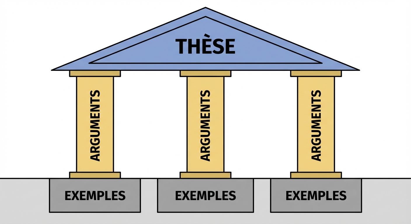 Schéma simple en 2D d'une maison sur fond blanc. Le toit triangulaire porte l'étiquette 'THÈSE'. Le toit est soutenu par trois piliers verticaux identiques portant l'étiquette 'ARGUMENTS'. Sous chaque pilier, dans le sol, des blocs de fondation portent l'étiquette 'EXEMPLES'.