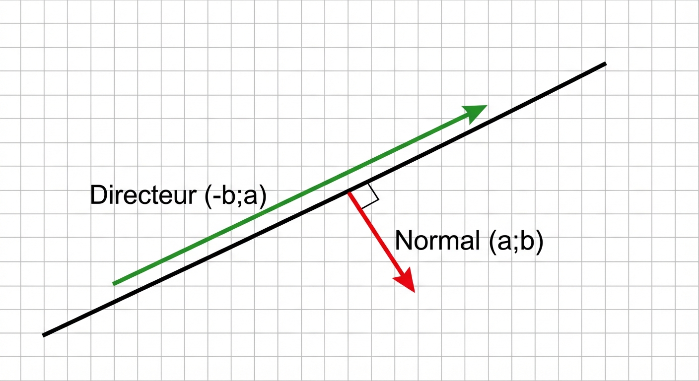 Schéma mathématique sur fond quadrillé blanc. Une droite noire traverse l'image. Un vecteur vert longe la droite (parallèle). Un vecteur rouge coupe la droite à angle droit. Le vecteur vert est étiqueté 'Directeur (-b;a)', le vecteur rouge est étiqueté 'Normal (a;b)'.