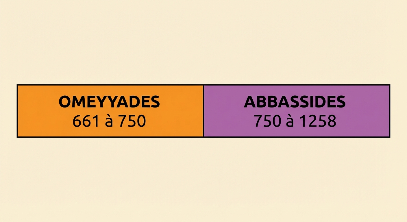 Une frise chronologique horizontale simple. La première moitié gauche de la frise est un rectangle orange avec le mot OMEYYADES et les dates 661 à 750 écrites en noir. La deuxième moitié droite est un rectangle violet avec le mot ABBASSIDES et les dates 750 à 1258 écrites en noir. Fond uni clair.