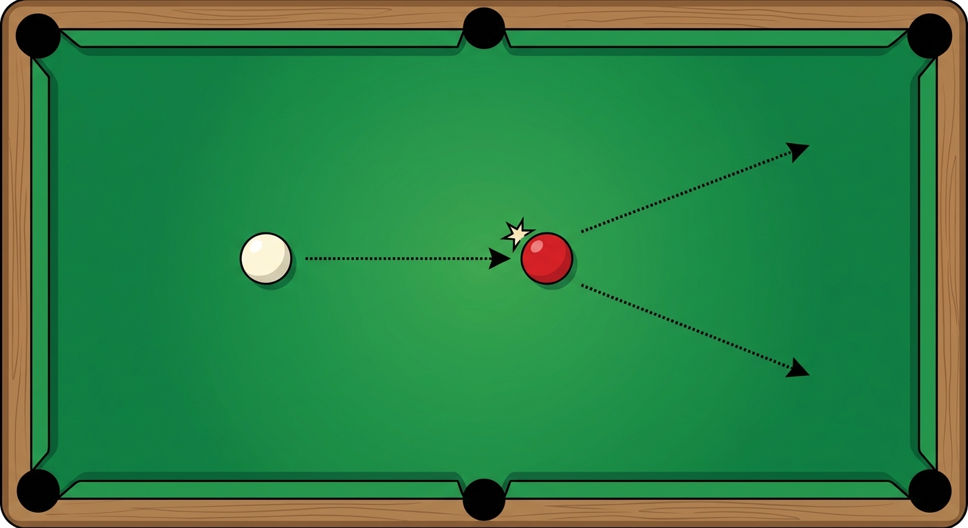 Vue de dessus d'une table de billard vert classique. Une boule blanche vient de frapper une boule rouge avec une trajectoire géométrique précise, illustrant un transfert d'énergie cinétique mécanique. Éclairage soigné.