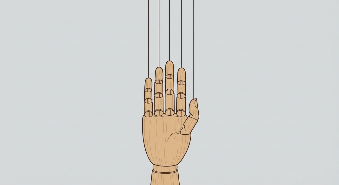 Dessin artistique et minimaliste d'une main humaine en bois articulé (mannequin de dessin), reliée par cinq fils fins qui montent vers le haut, symbolisant les influences extérieures, sur fond gris clair.